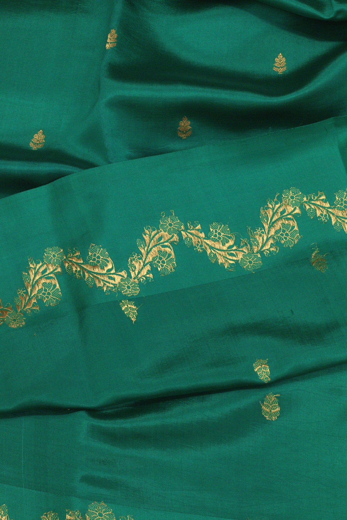 Teal Green Pure Katan Silk Handloom Saree Kadhwa Zari Scallop  Border & Buti