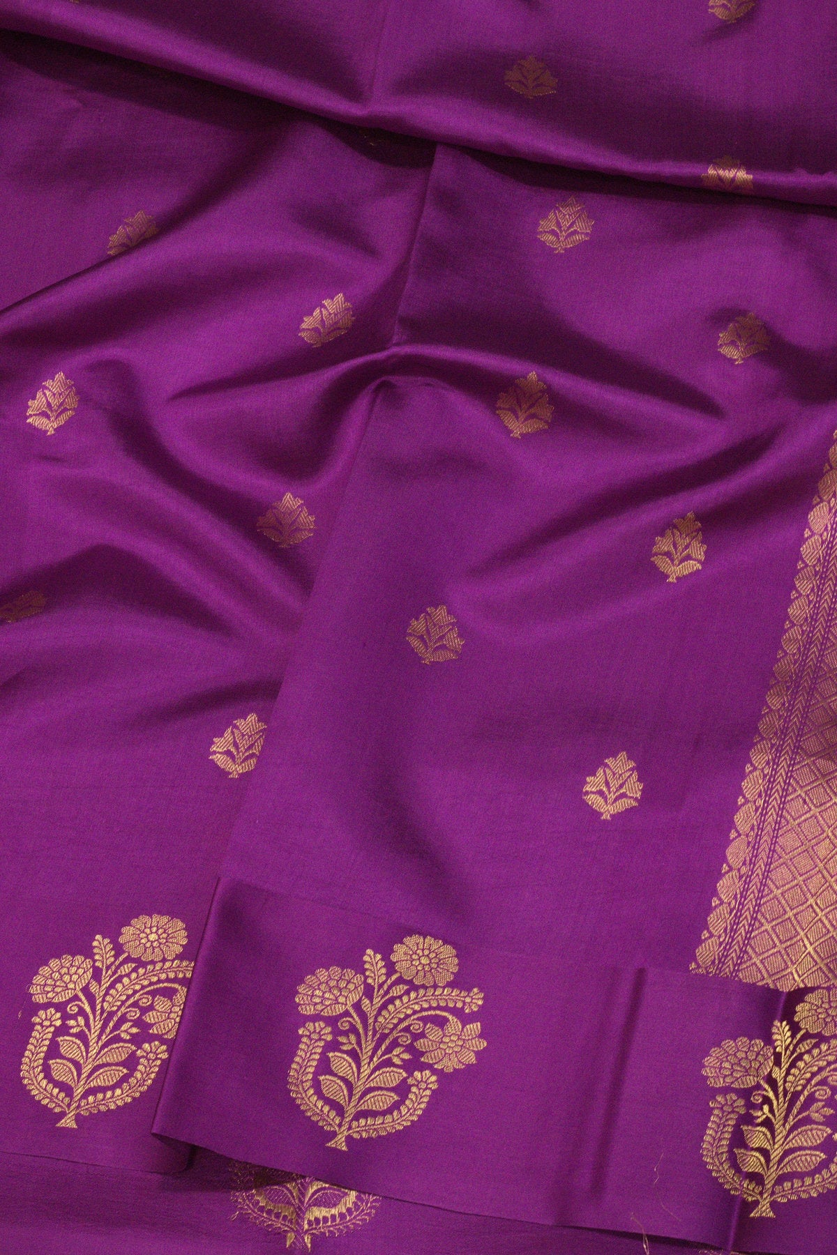 Purple Pure Katan Silk Handloom Saree with Kadhwa Zari Buta Satin Border & Buti