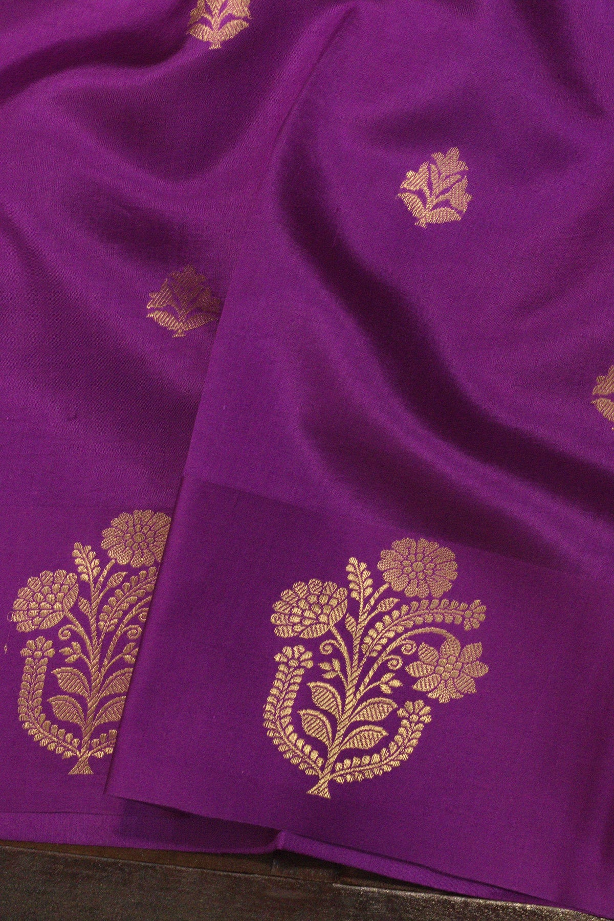 Purple Pure Katan Silk Handloom Saree with Kadhwa Zari Buta Satin Border & Buti