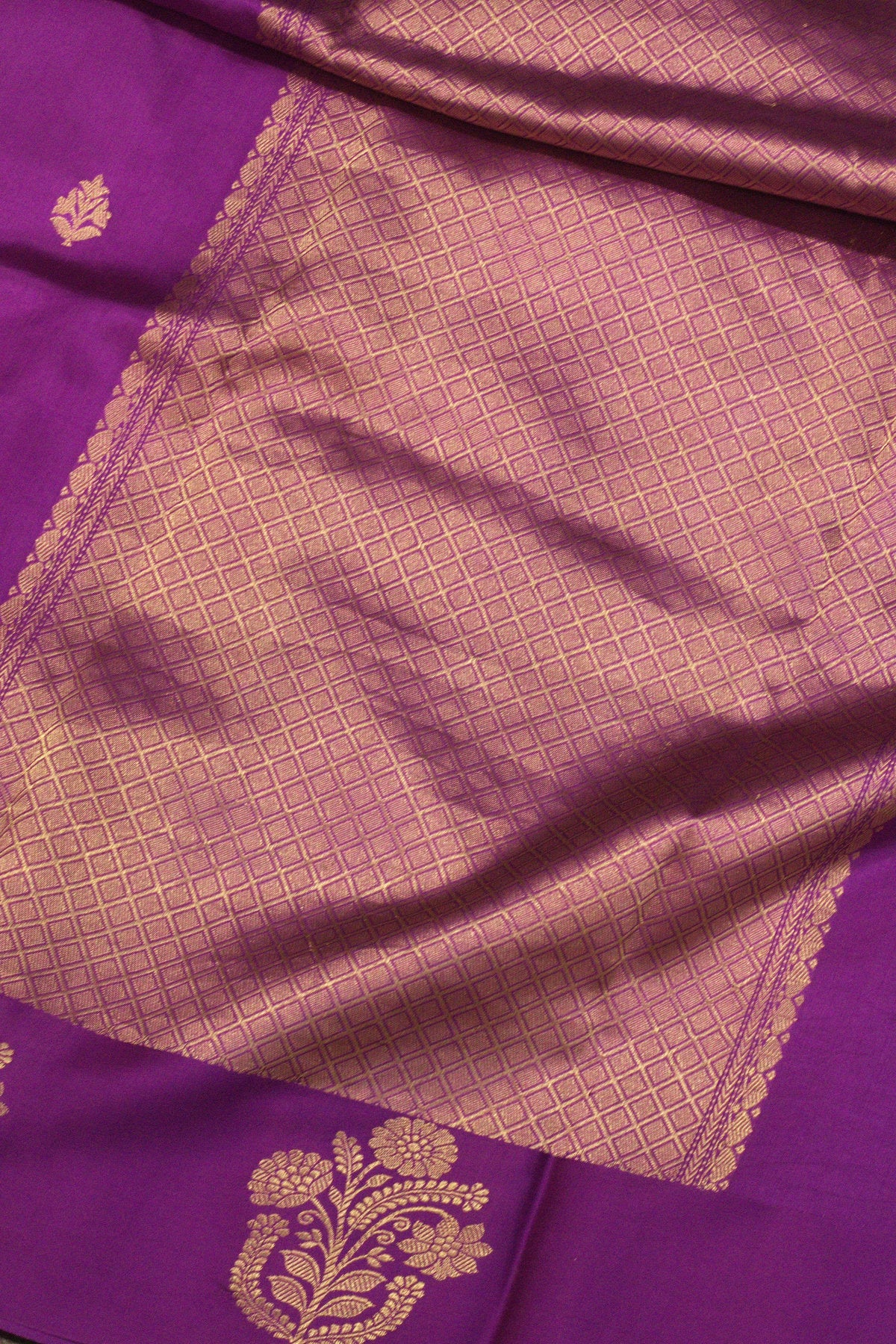 Purple Pure Katan Silk Handloom Saree with Kadhwa Zari Buta Satin Border & Buti