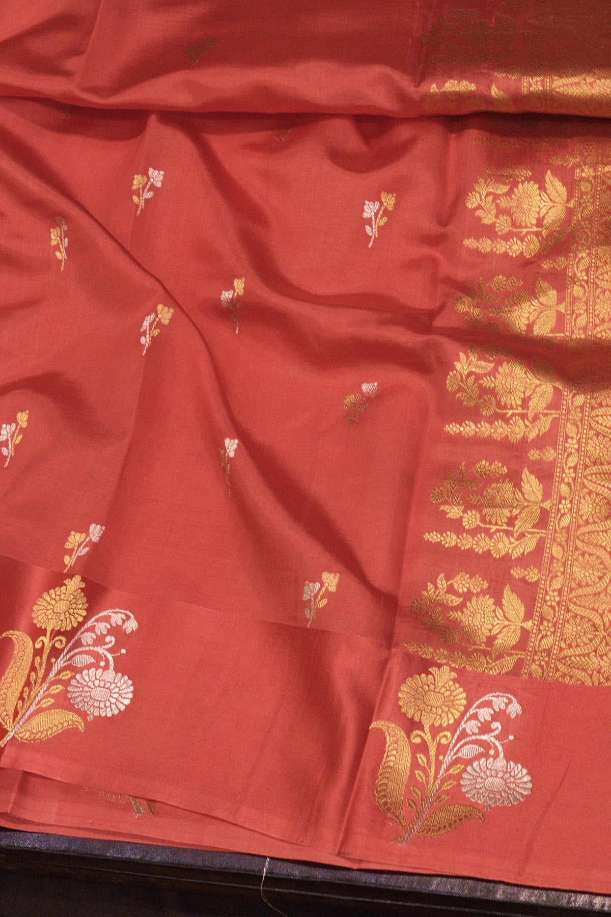 Peach Pink Katan Silk Handloom Saree with Kadhwa Zari Buta Satin Border & Buti