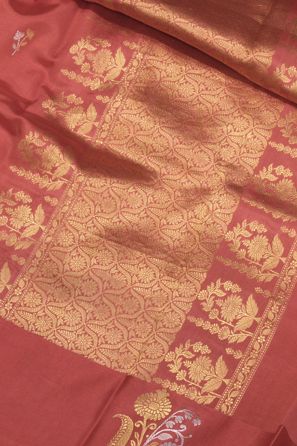 Peach Pink Katan Silk Handloom Saree with Kadhwa Zari Buta Satin Border & Buti