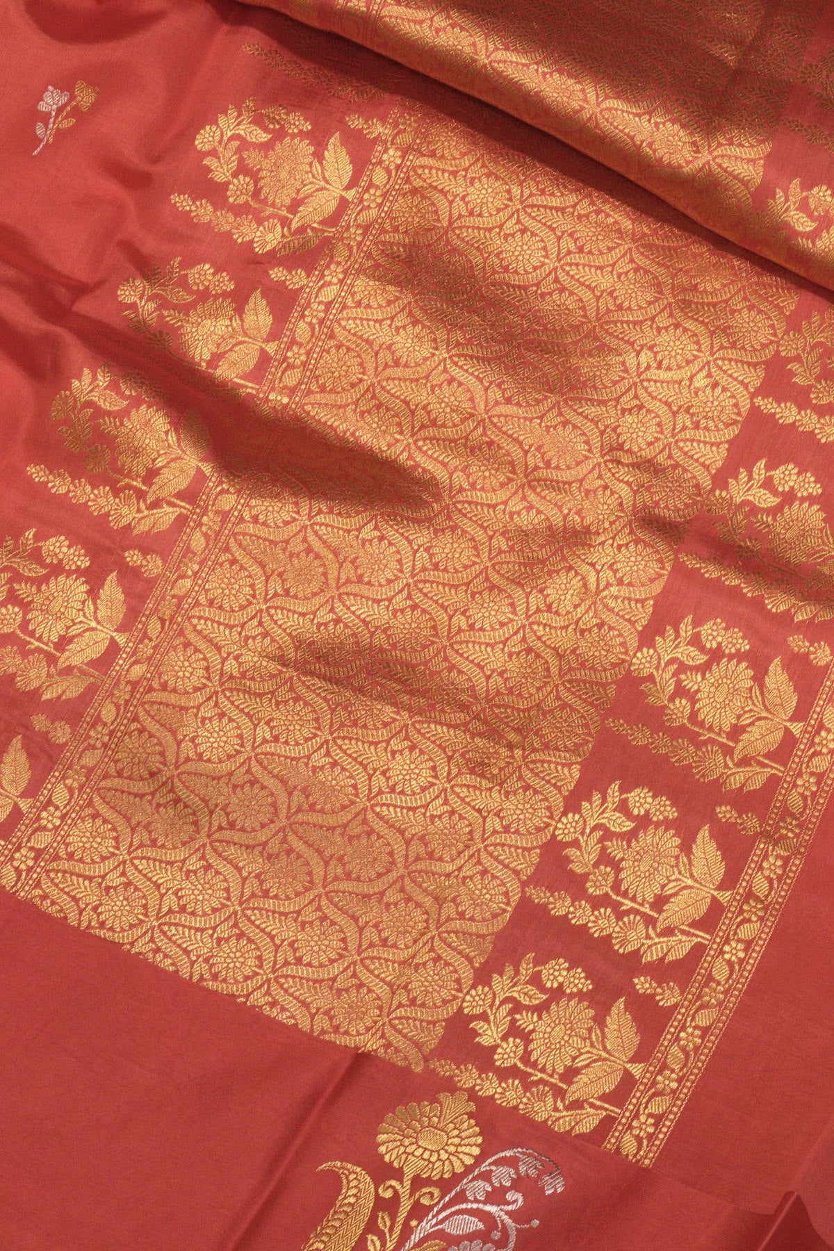 Peach Pink Katan Silk Handloom Saree with Kadhwa Zari Buta Satin Border & Buti