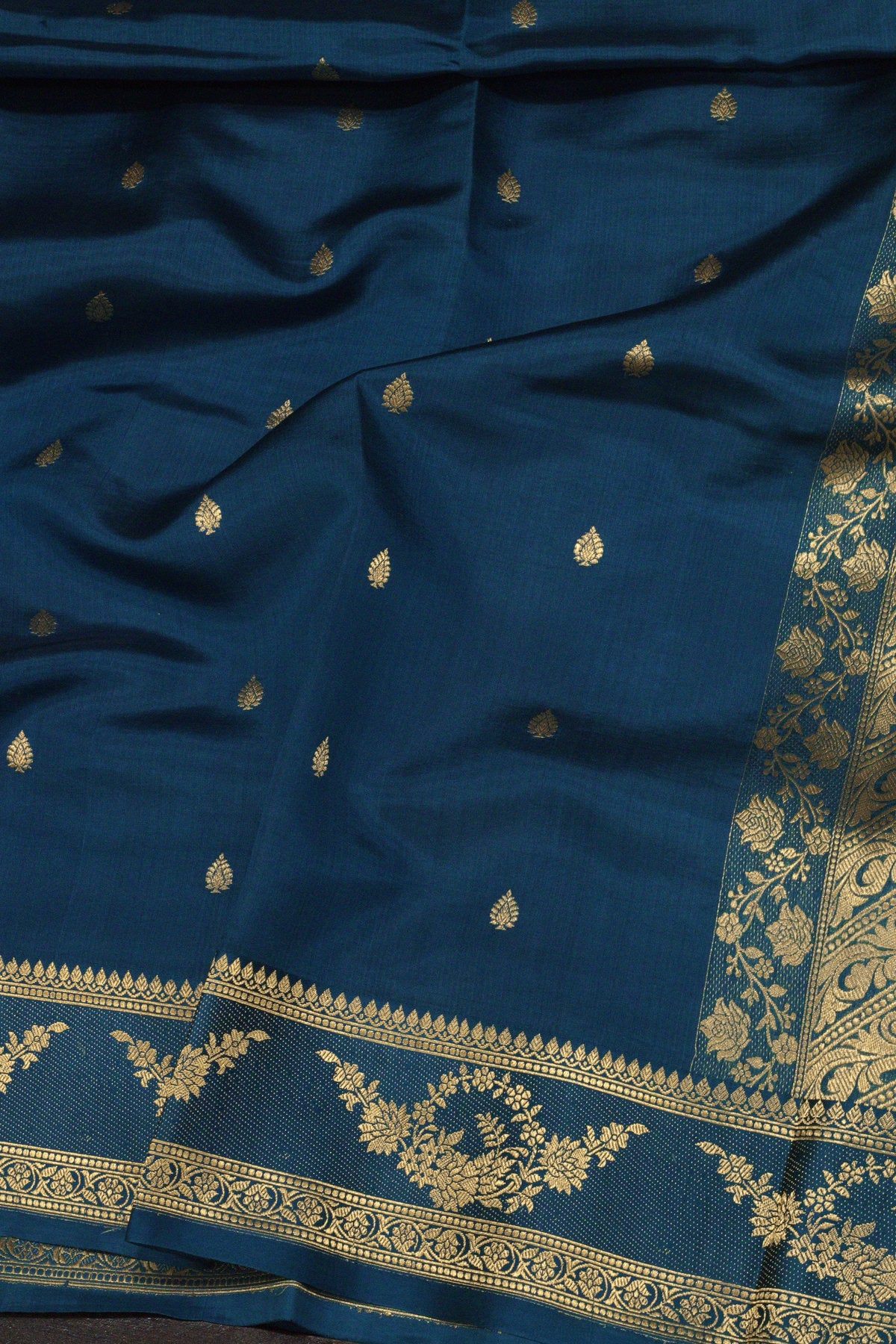 German Blue Katan Silk Handloom Saree with Kadhwa Zari Buta Satin Border & Buti