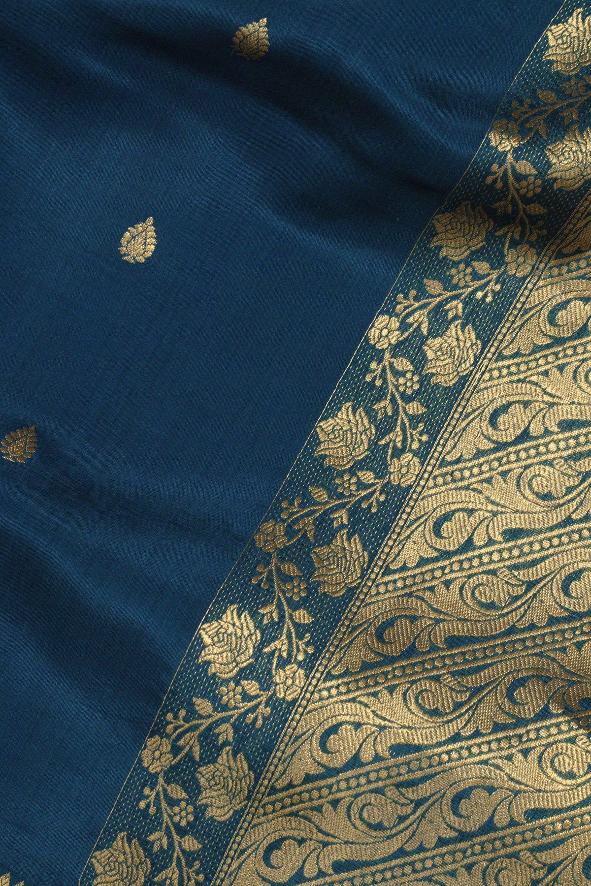 German Blue Katan Silk Handloom Saree with Kadhwa Zari Buta Satin Border & Buti