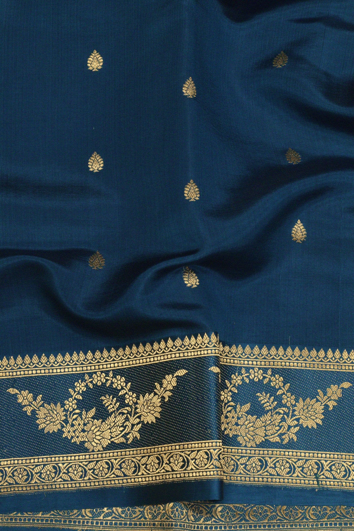 German Blue Katan Silk Handloom Saree with Kadhwa Zari Buta Satin Border & Buti