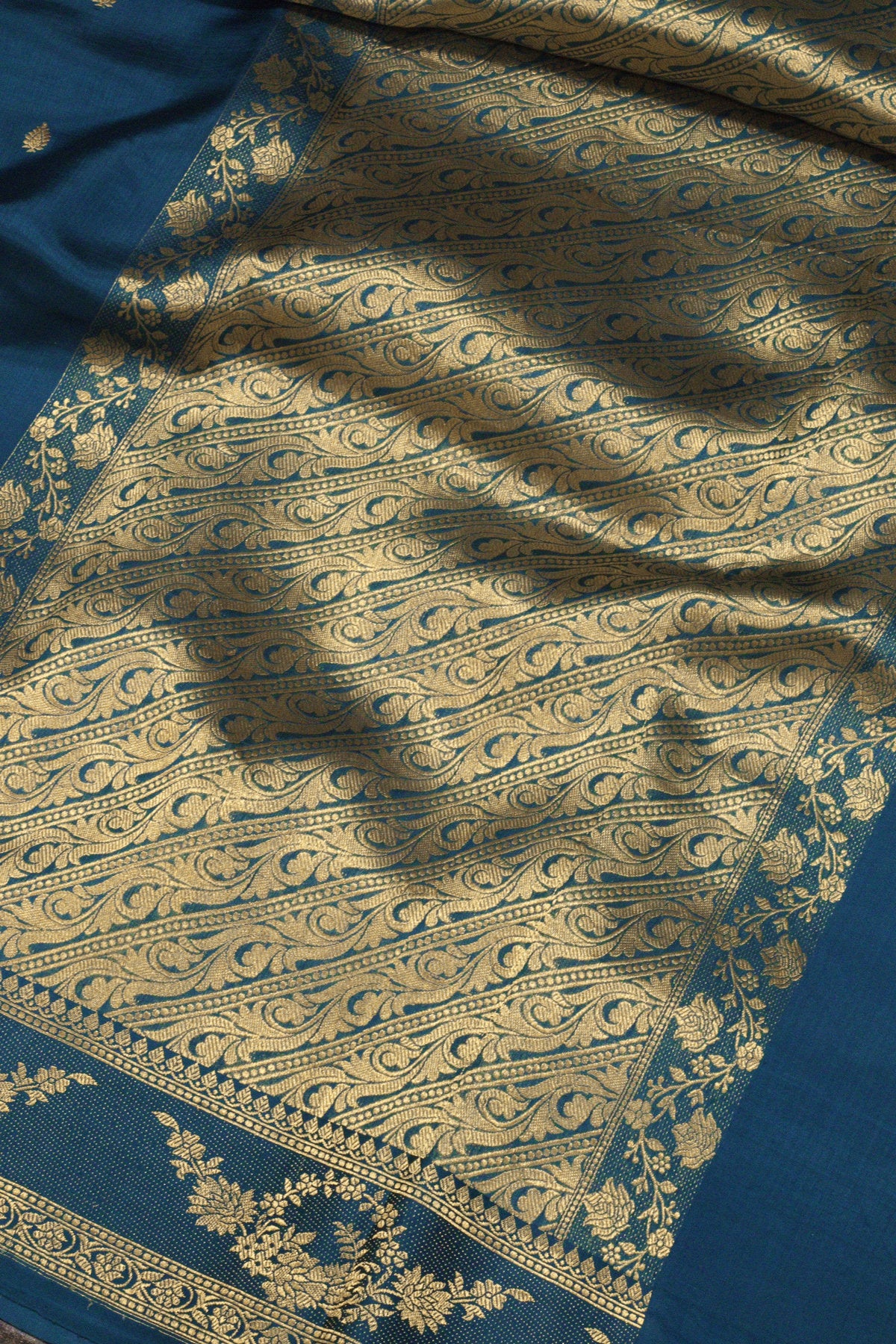 German Blue Katan Silk Handloom Saree with Kadhwa Zari Buta Satin Border & Buti