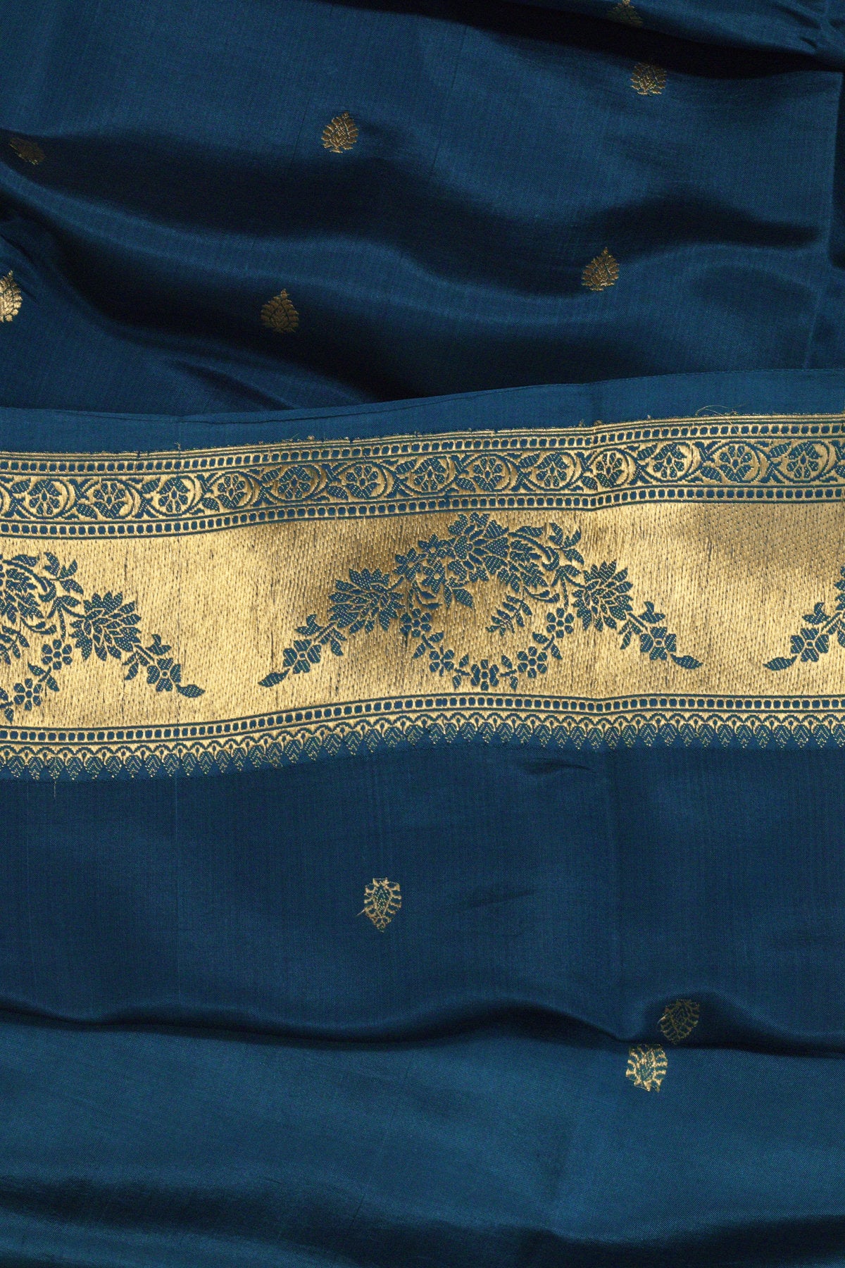 German Blue Katan Silk Handloom Saree with Kadhwa Zari Buta Satin Border & Buti