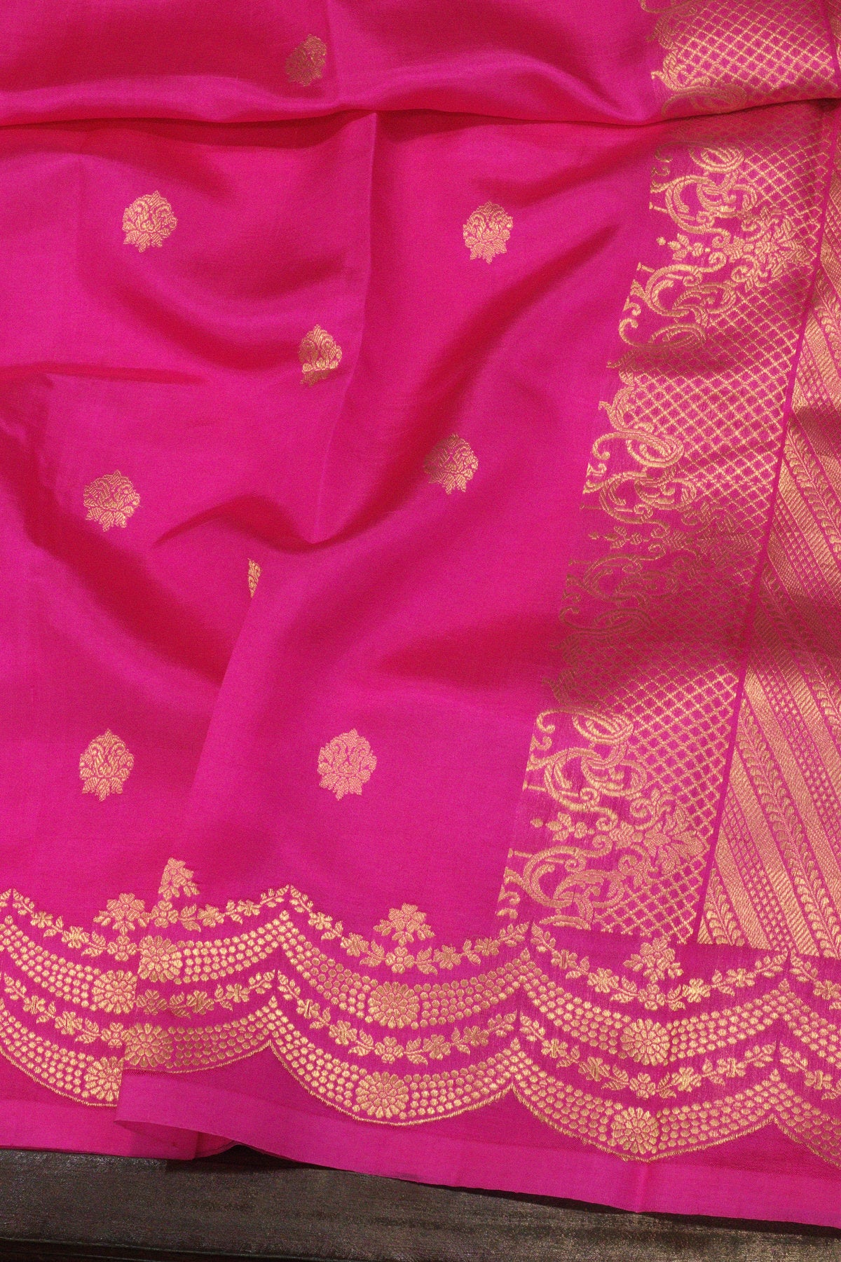 Rani Pink Pure Katan Silk Handloom Saree Kadhwa Zari Scallop  Border & Buti