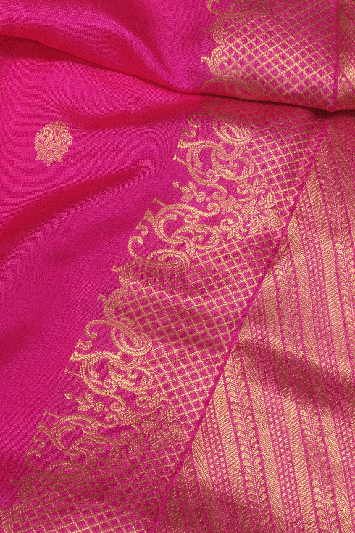 Rani Pink Pure Katan Silk Handloom Saree Kadhwa Zari Scallop  Border & Buti
