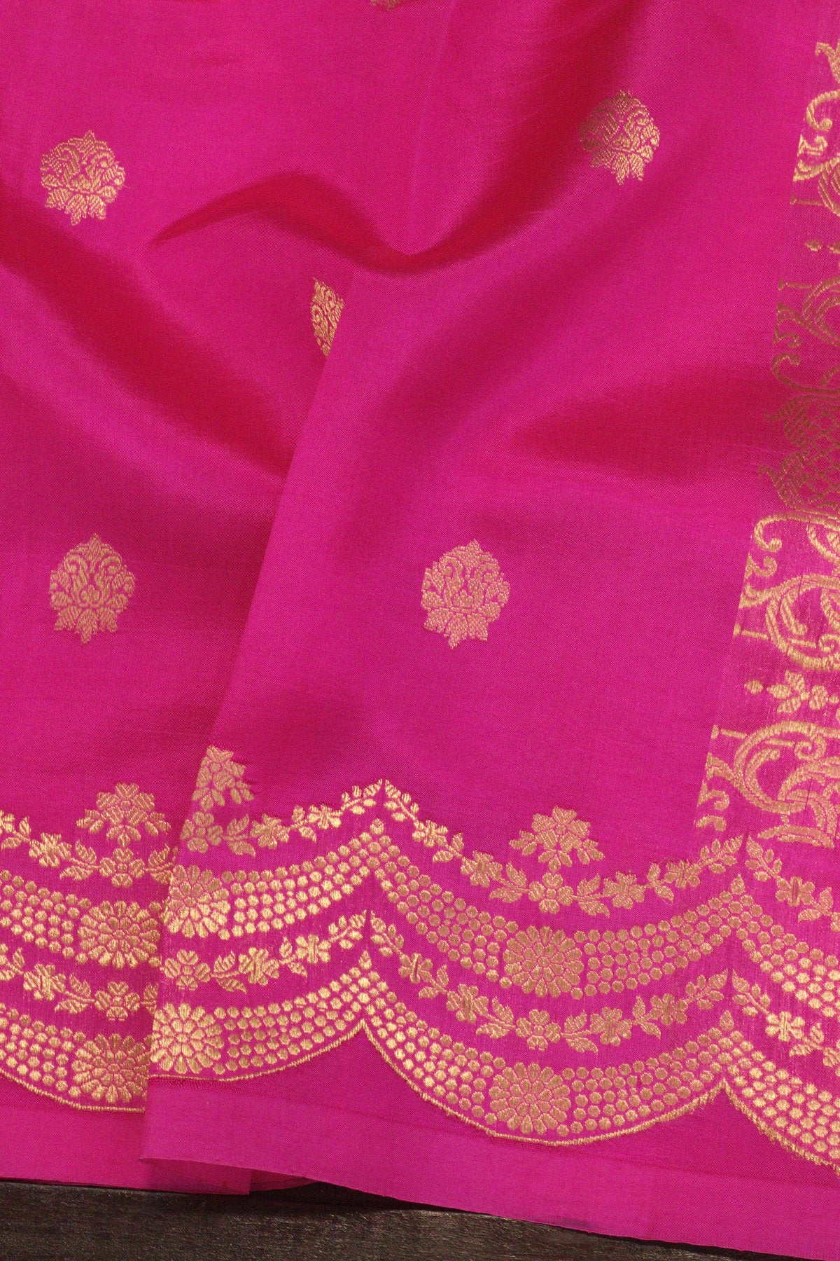 Rani Pink Pure Katan Silk Handloom Saree Kadhwa Zari Scallop  Border & Buti