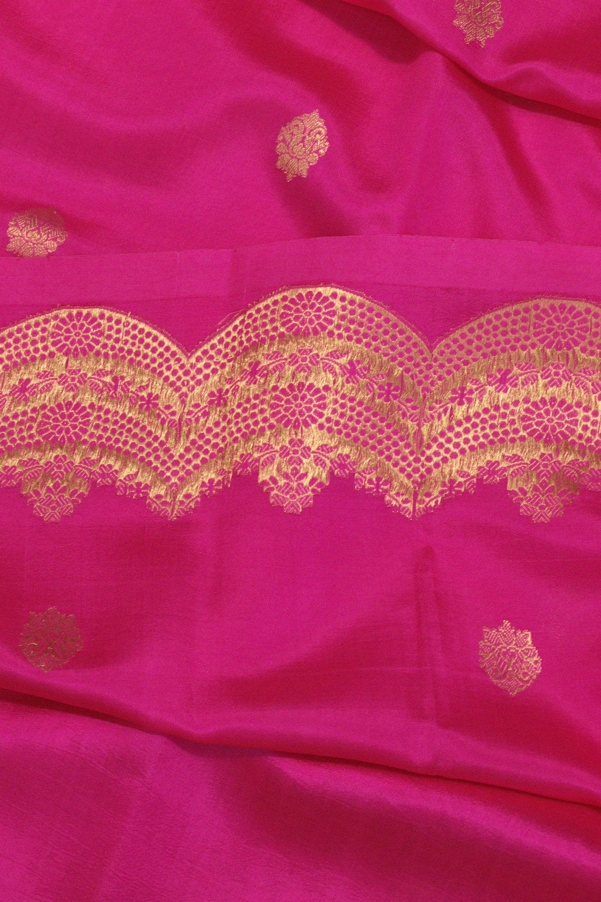 Rani Pink Pure Katan Silk Handloom Saree Kadhwa Zari Scallop  Border & Buti