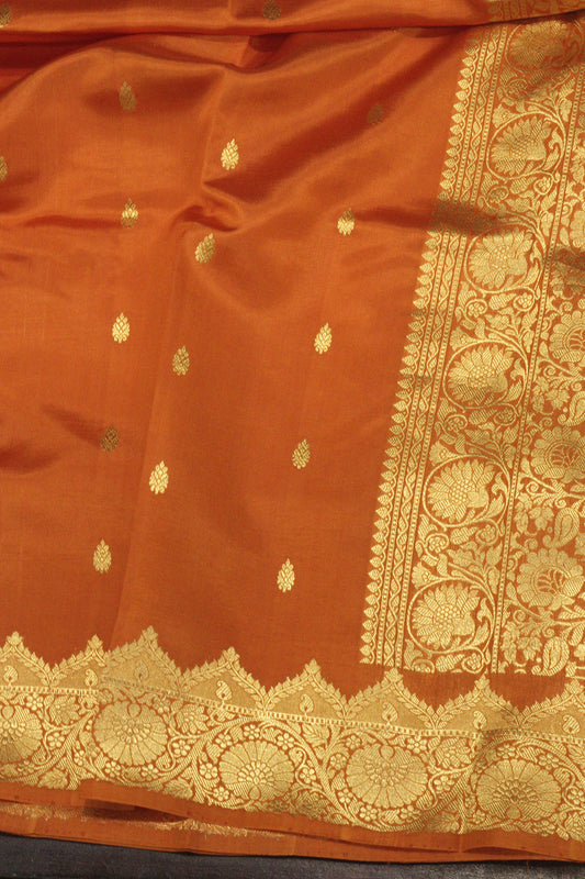 Pure Katan Silk Rust Orange Banarasi Exquisitely crafted with intricate Kadhwa Gold Zari Butis & intricate - ZARISPIRE