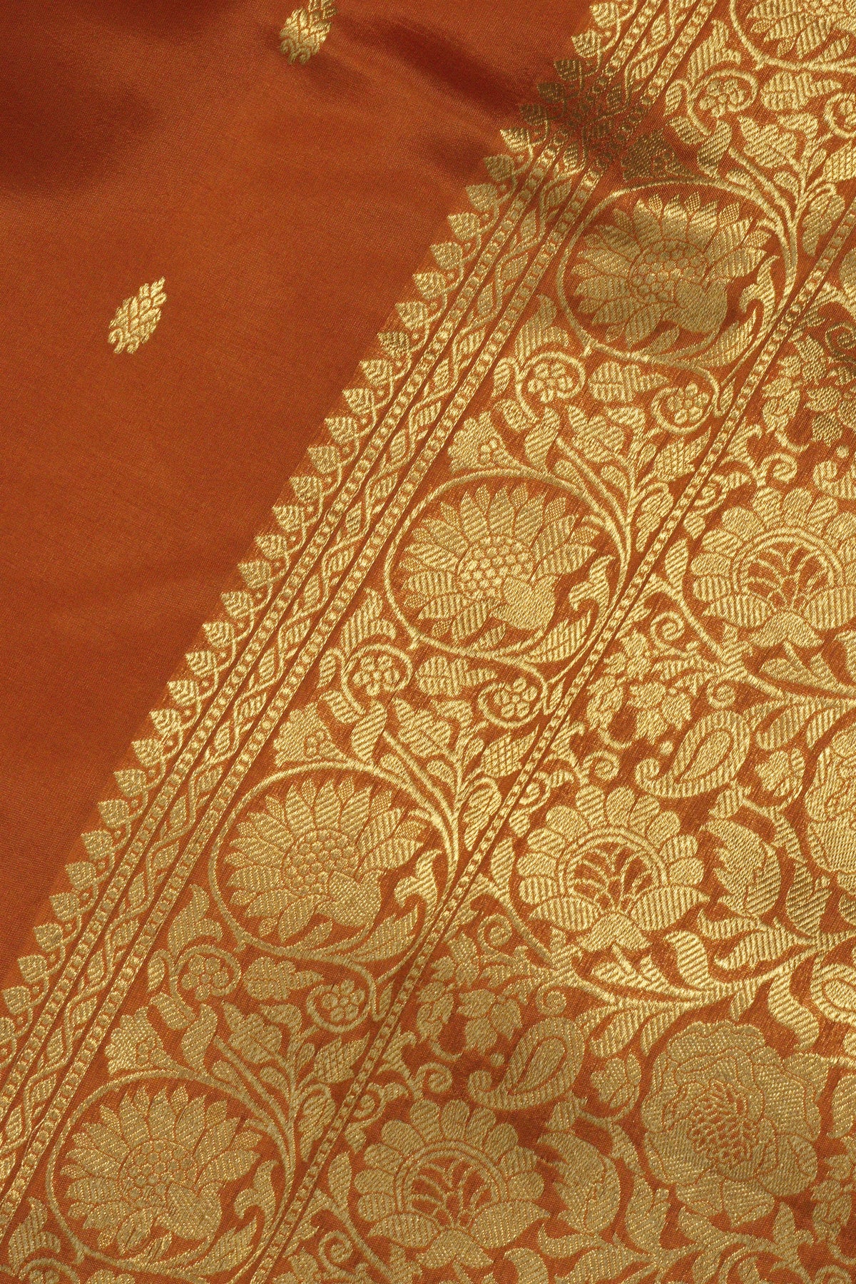 Rust Orange Pure Katan Silk Handloom Saree Kadhwa Zari Scallop  Border & Buti