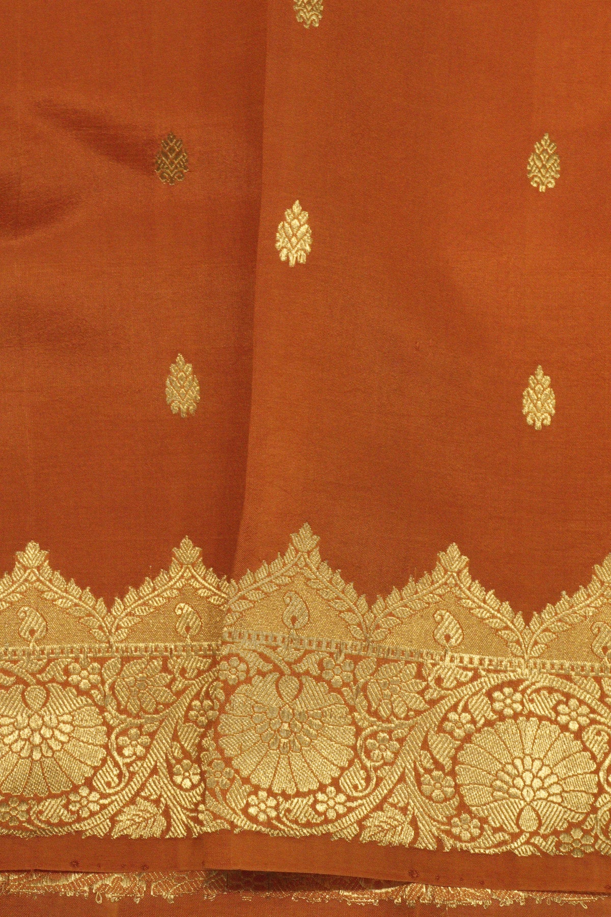 Rust Orange Pure Katan Silk Handloom Saree Kadhwa Zari Scallop  Border & Buti