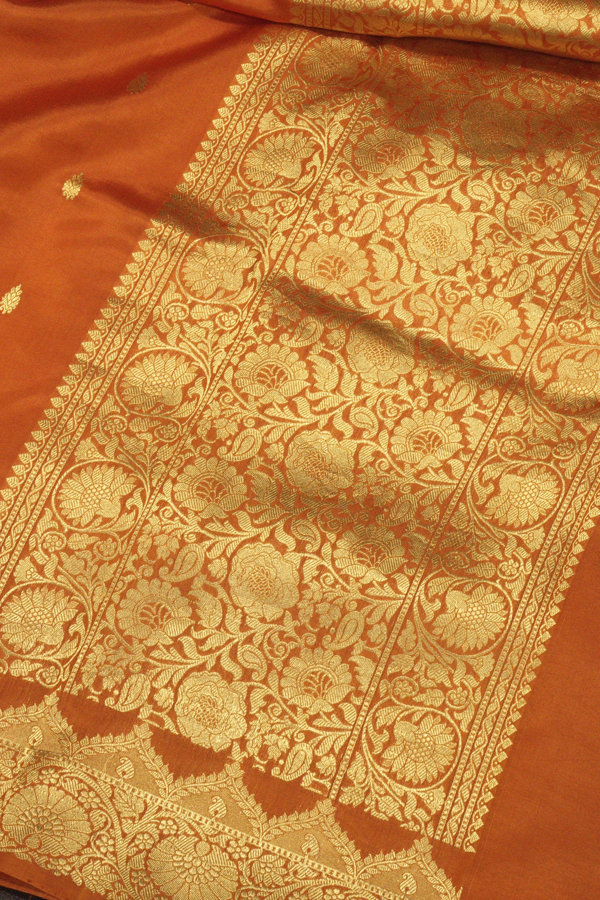 Rust Orange Pure Katan Silk Handloom Saree Kadhwa Zari Scallop  Border & Buti