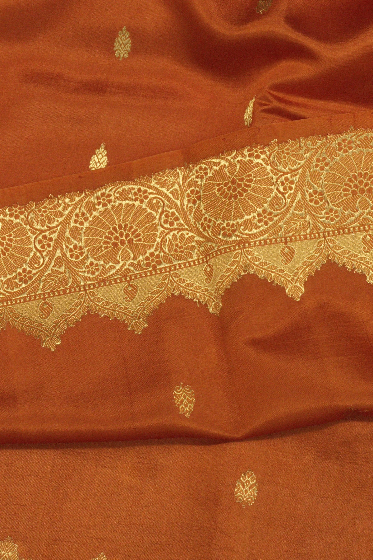 Rust Orange Pure Katan Silk Handloom Saree Kadhwa Zari Scallop  Border & Buti
