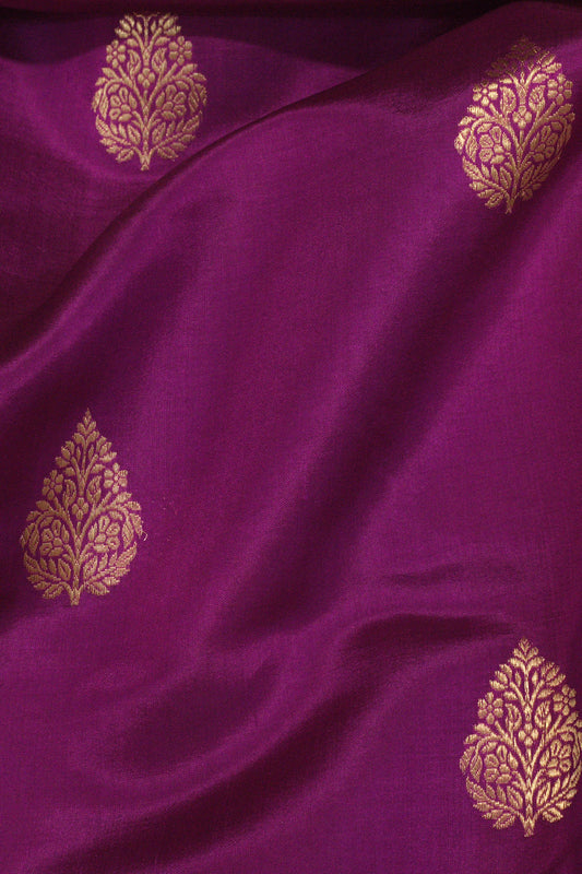 Pure Katan Silk Magenta Banarasi Handloom Saree with Kadhwa Zari Fancy Border & Buti - close-up of fabric detail - ZARISPIRE