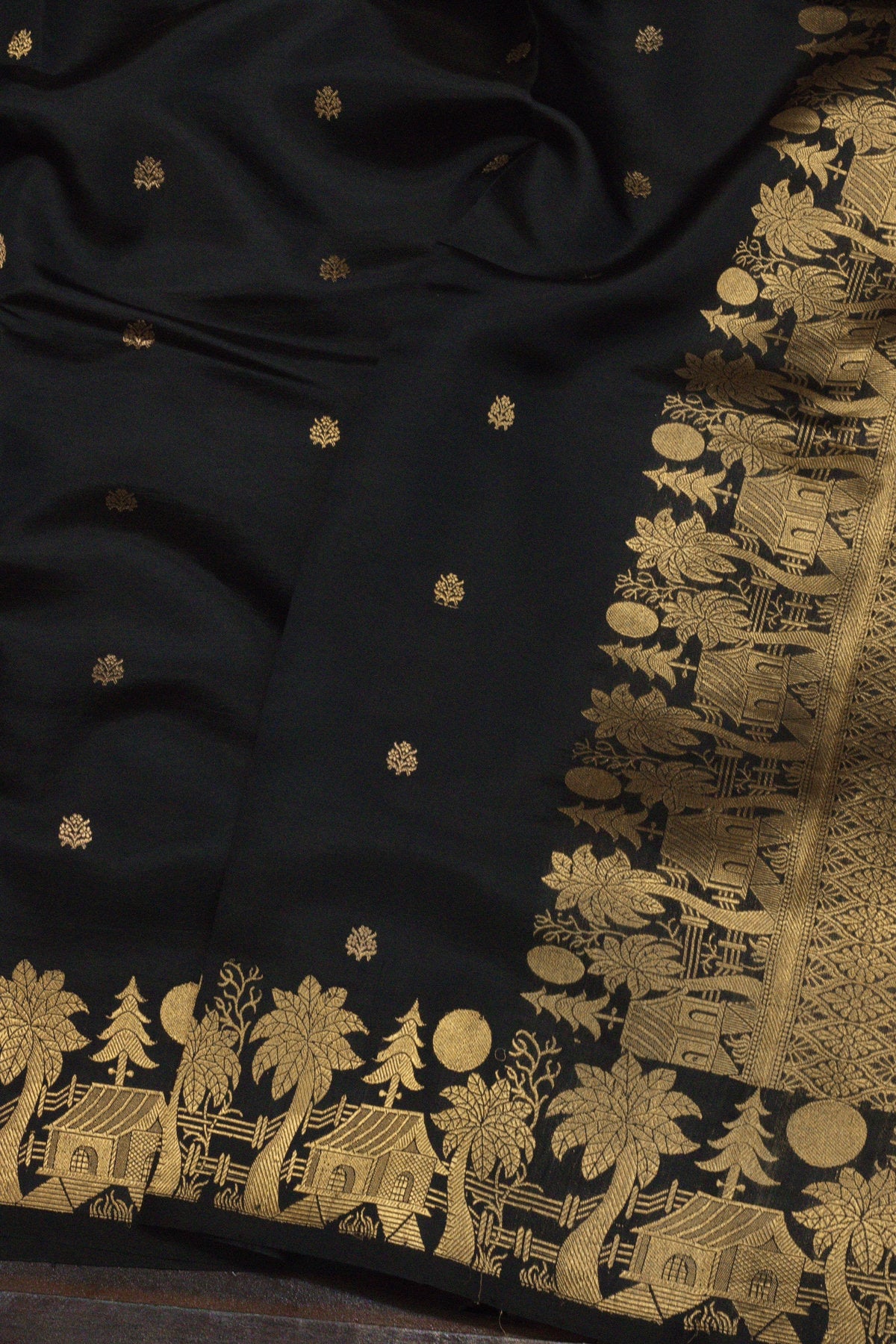 Black Pure Katan Silk Handloom Saree with Kadhwa Zari Motif Fancy Border & Buti