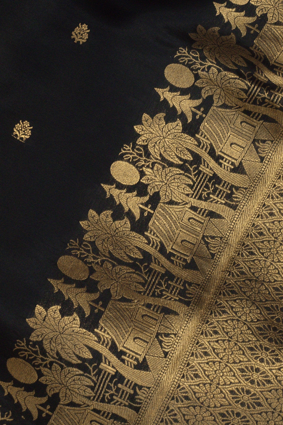 Black Pure Katan Silk Handloom Saree with Kadhwa Zari Motif Fancy Border & Buti