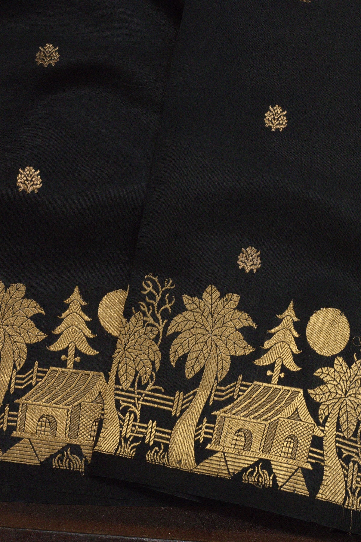 Black Pure Katan Silk Handloom Saree with Kadhwa Zari Motif Fancy Border & Buti