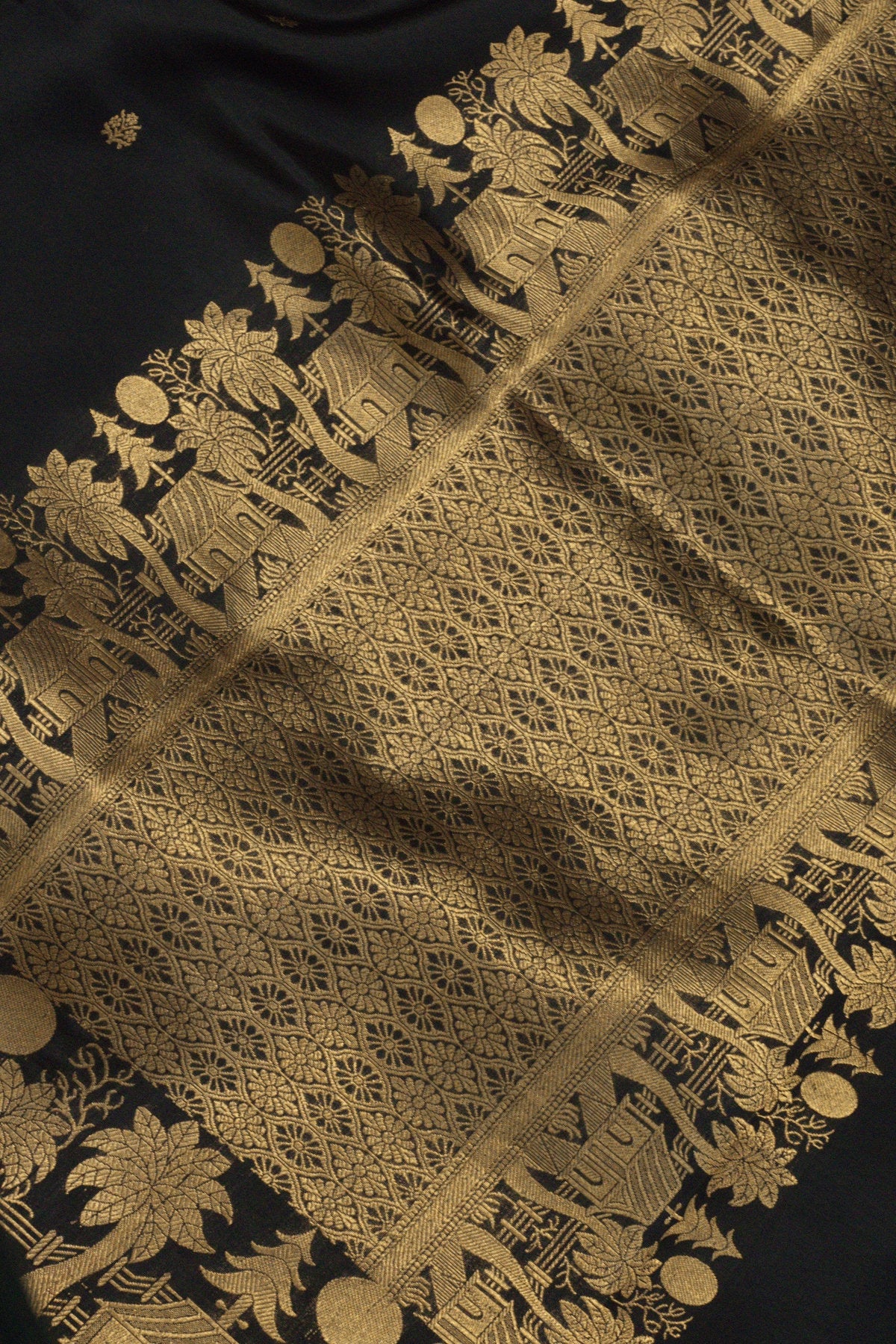 Black Pure Katan Silk Handloom Saree with Kadhwa Zari Motif Fancy Border & Buti