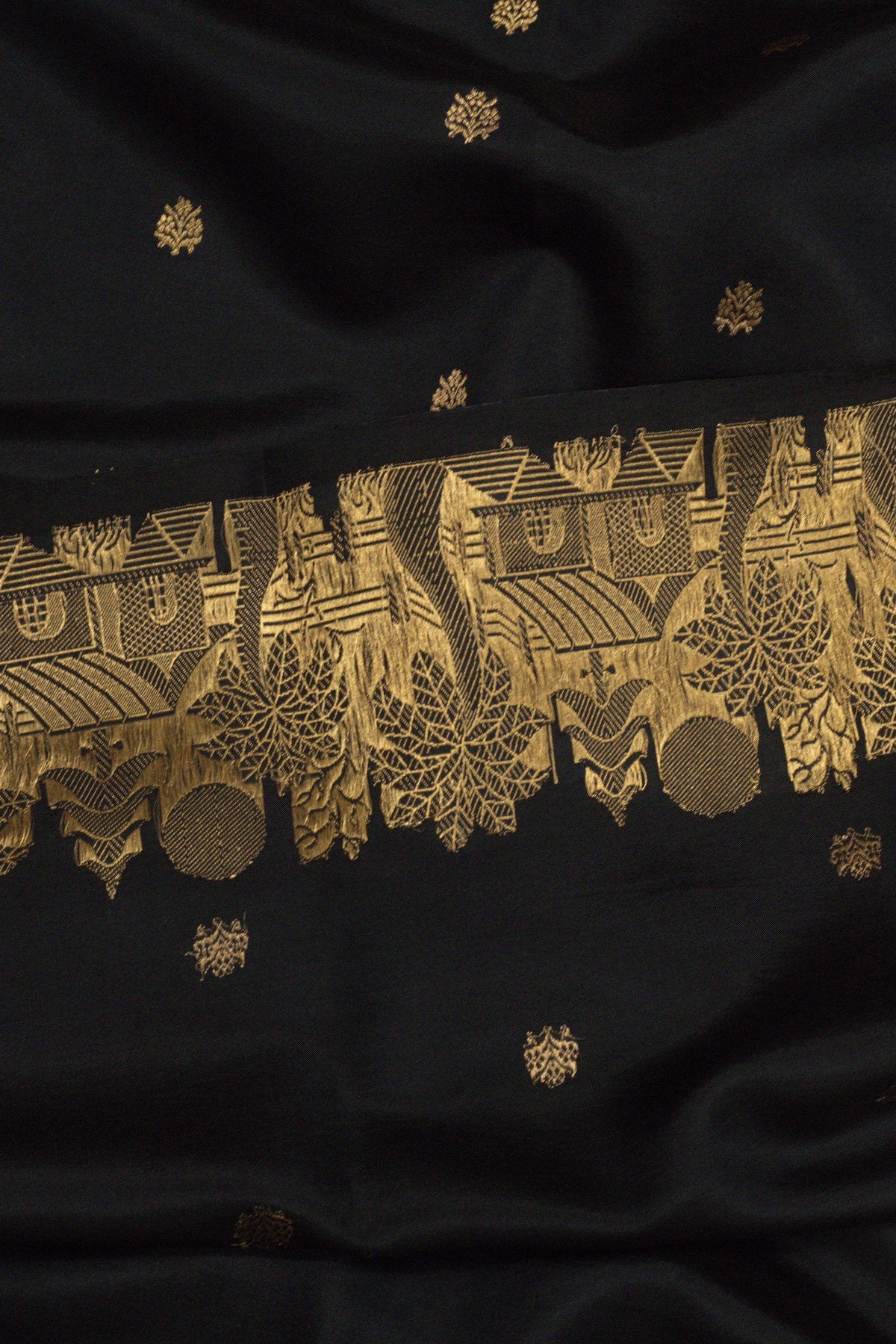 Black Pure Katan Silk Handloom Saree with Kadhwa Zari Motif Fancy Border & Buti