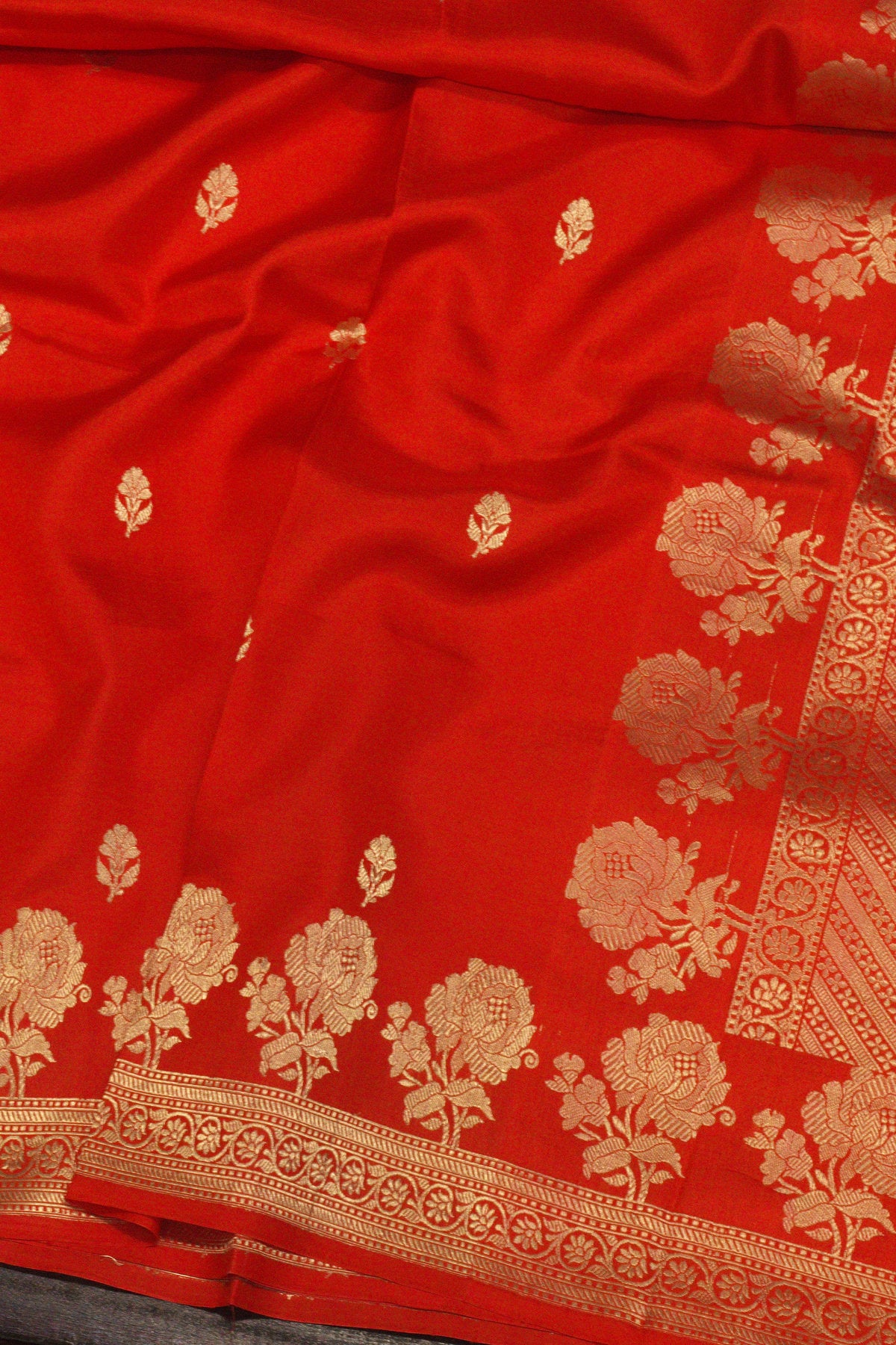 Red Pure Katan Silk Handloom Saree with Kadhwa Zari Motif Fancy Border & Buti