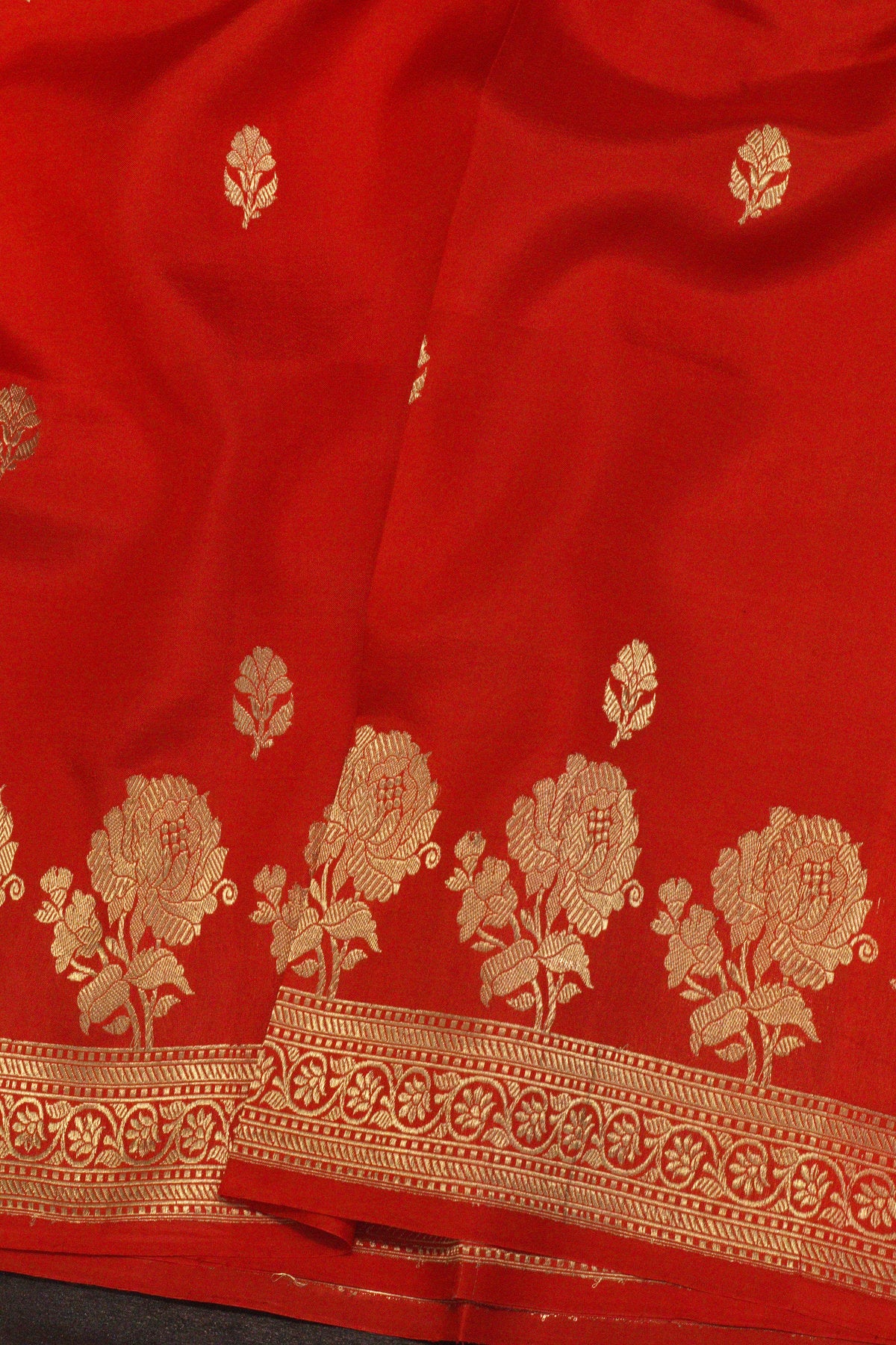 Red Pure Katan Silk Handloom Saree with Kadhwa Zari Motif Fancy Border & Buti