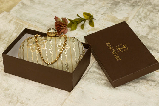 Sage green banarasi brocade clutch bag with gold floral embroidery and decorative pearl chain, handmade traditional clutch.