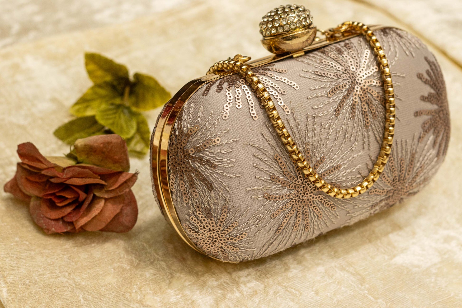 Lavender gray Banarasi brocade clutch bag with gold chain and decorative clasp, traditional handmade clutches.