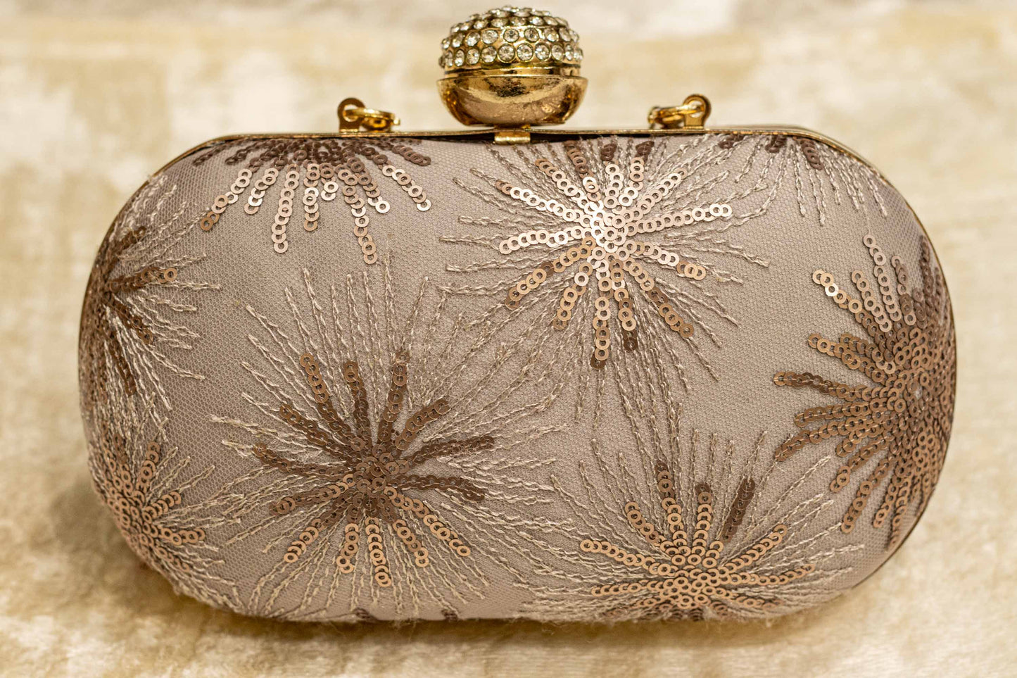 Lavender gray Banarasi brocade clutch bag with traditional floral embroidery and jeweled clasp, handmade design.