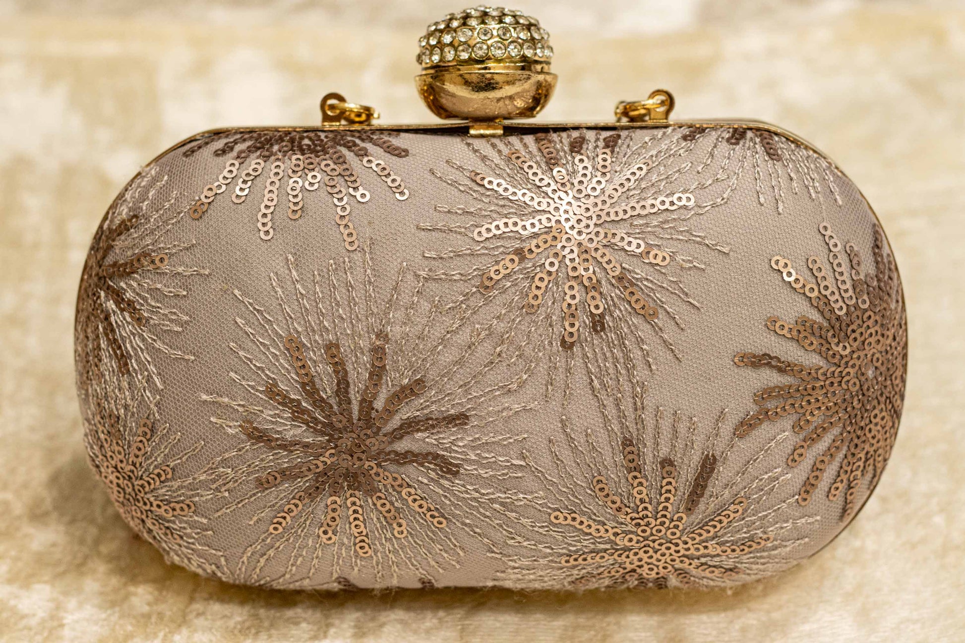 Lavender gray Banarasi brocade clutch bag with traditional floral embroidery and jeweled clasp, handmade design.