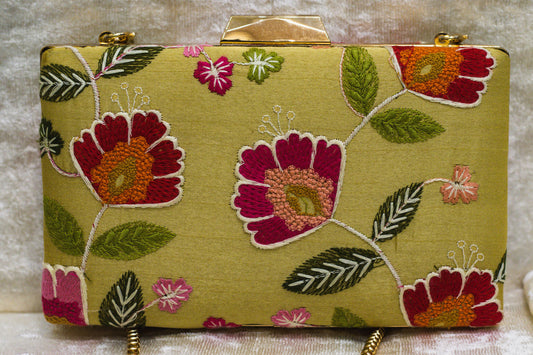 Light olive traditional handmade Banarasi brocade clutch bag with pink and orange floral embroidery.