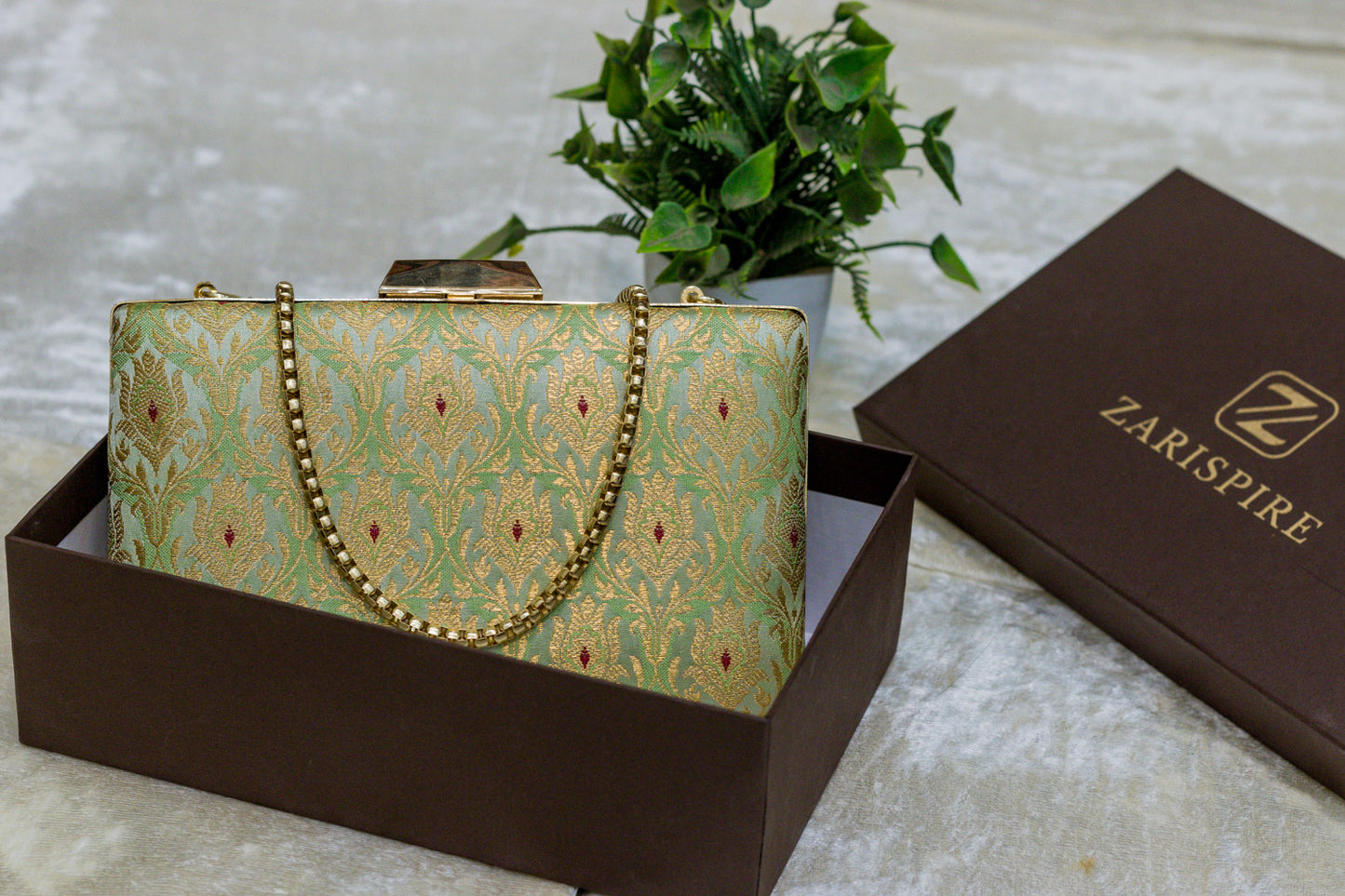 Aqua green Banarasi brocade clutch bag with gold chain, traditional handmade clutches in gift box.