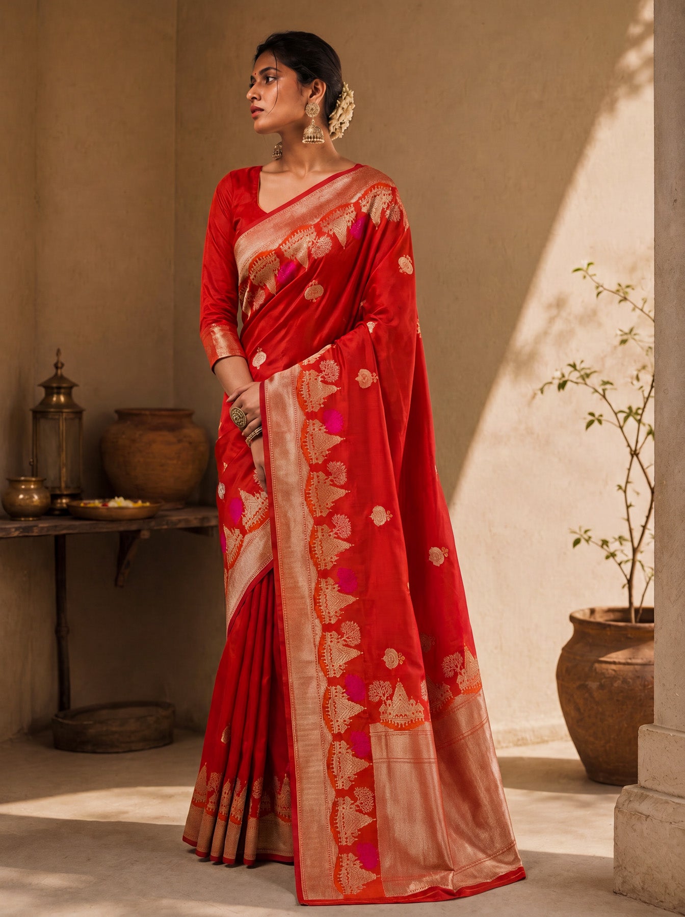 Bright Red Ayodhya Dham Handloom Pure Katan Silk Saree with Kadhwa Shri Ram Mandir Tilfi Meenakari Border