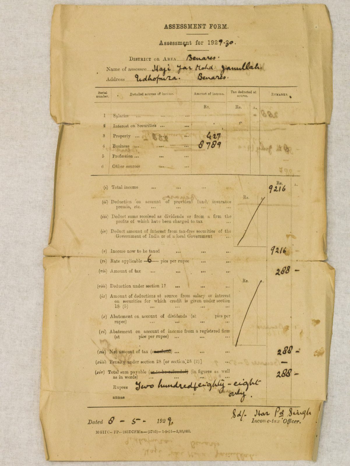 Tax receipt of Rs. 288 from 1929