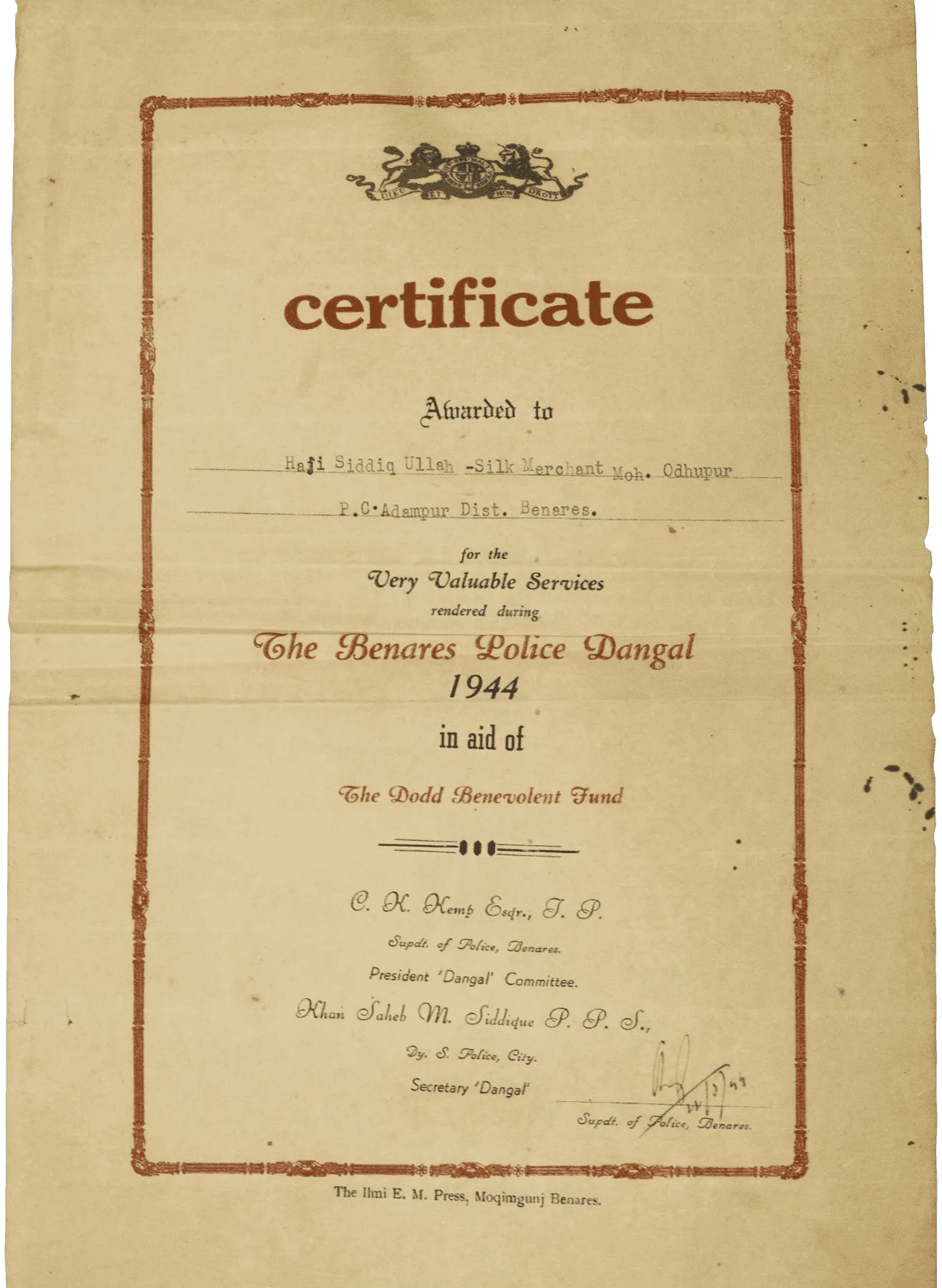 Dangal organisation certificate given to Haji Siddiq Ullah by UP Police