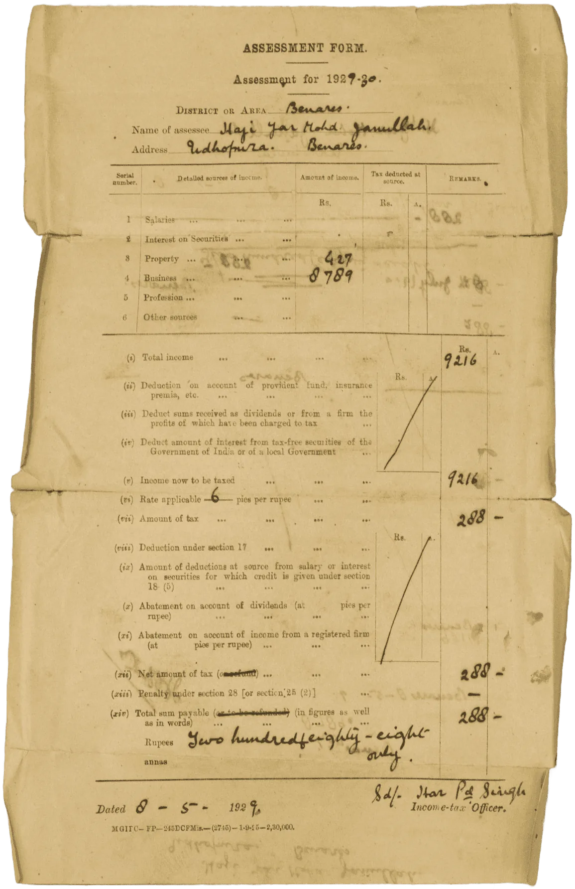 Tax receipt of Rs. 288 from 1929